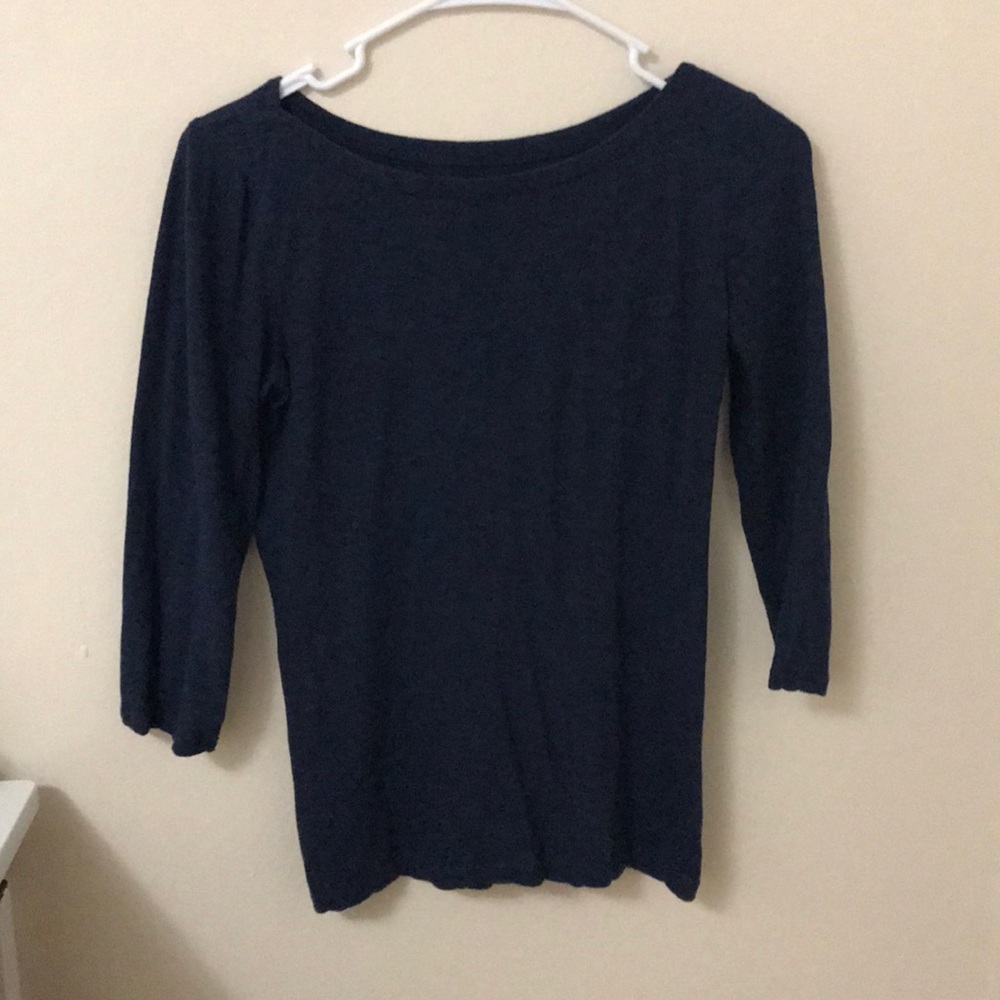 Navy blouse, crew neck & quarter length sleeves.